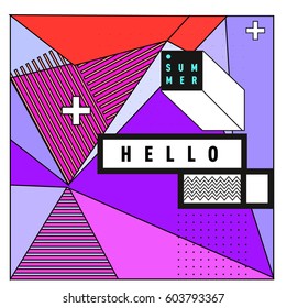 Trendy vector summer cards illustration with line elements and abstract colorful textures. Design for poster, card, invitation, brochure, and promotion template. Fashion art print and background.