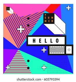 Trendy vector summer cards illustration with line elements and abstract colorful textures. Design for poster, card, invitation, brochure, and promotion template. Fashion art print and background.