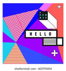 Trendy vector summer cards illustration with line elements and abstract colorful textures. Design for poster, card, invitation, brochure, and promotion template. Fashion art print and background.