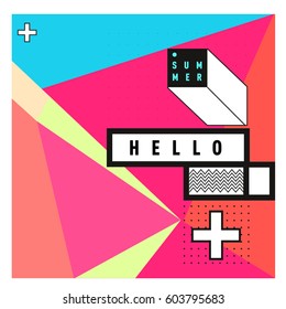 Trendy vector summer cards illustration with line elements and abstract colorful textures. Design for poster, card, invitation, brochure, and promotion template. Fashion art print and background.