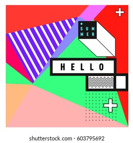 Trendy vector summer cards illustration with line elements and abstract colorful textures. Design for poster, card, invitation, brochure, and promotion template. Fashion art print and background.
