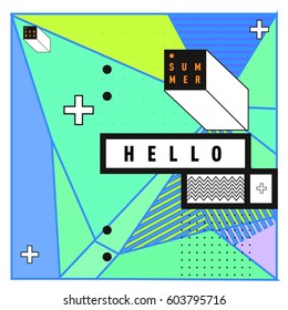 Trendy vector summer cards illustration with line elements and abstract colorful textures. Design for poster, card, invitation, brochure, and promotion template. Fashion art print and background.