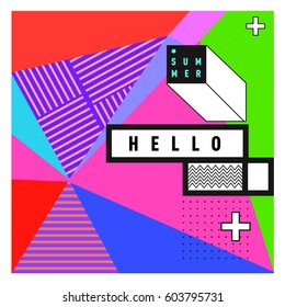 Trendy vector summer cards illustration with line elements and abstract colorful textures. Design for poster, card, invitation, brochure, and promotion template. Fashion art print and background.