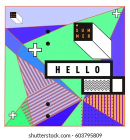 Trendy vector summer cards illustration with line elements and abstract colorful textures. Design for poster, card, invitation, brochure, and promotion template. Fashion art print and background.