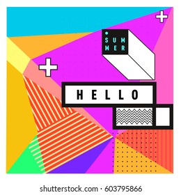 Trendy vector summer cards illustration with line elements and abstract colorful textures. Design for poster, card, invitation, brochure, and promotion template. Fashion art print and background.