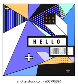 Trendy vector summer cards illustration with line elements and abstract colorful textures. Design for poster, card, invitation, brochure, and promotion template. Fashion art print and background.