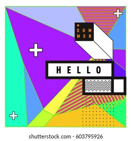 Trendy vector summer cards illustration with line elements and abstract colorful textures. Design for poster, card, invitation, brochure, and promotion template. Fashion art print and background.