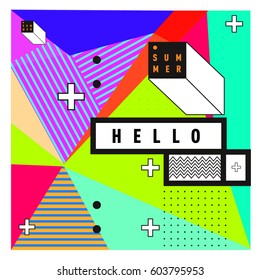 Trendy vector summer cards illustration with line elements and abstract colorful textures. Design for poster, card, invitation, brochure, and promotion template. Fashion art print and background.
