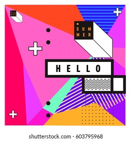 Trendy vector summer cards illustration with line elements and abstract colorful textures. Design for poster, card, invitation, brochure, and promotion template. Fashion art print and background.
