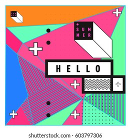 Trendy vector summer cards illustration with line elements and abstract colorful textures. Design for poster, card, invitation, brochure, and promotion template. Fashion art print and background.