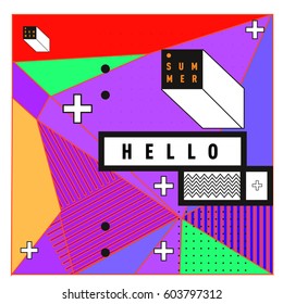 Trendy vector summer cards illustration with line elements and abstract colorful textures. Design for poster, card, invitation, brochure, and promotion template. Fashion art print and background.