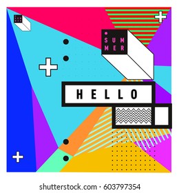 Trendy vector summer cards illustration with line elements and abstract colorful textures. Design for poster, card, invitation, brochure, and promotion template. Fashion art print and background.