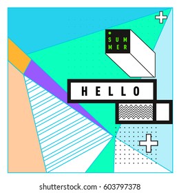 Trendy vector summer cards illustration with line elements and abstract colorful textures. Design for poster, card, invitation, brochure, and promotion template. Fashion art print and background.