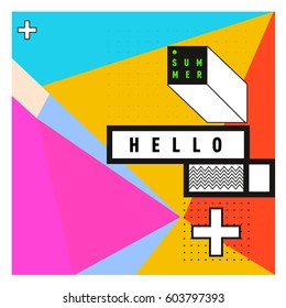 Trendy vector summer cards illustration with line elements and abstract colorful textures. Design for poster, card, invitation, brochure, and promotion template. Fashion art print and background.