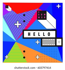 Trendy vector summer cards illustration with line elements and abstract colorful textures. Design for poster, card, invitation, brochure, and promotion template. Fashion art print and background.