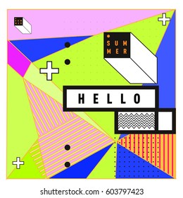 Trendy vector summer cards illustration with line elements and abstract colorful textures. Design for poster, card, invitation, brochure, and promotion template. Fashion art print and background.