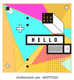 Trendy vector summer cards illustration with line elements and abstract colorful textures. Design for poster, card, invitation, brochure, and promotion template. Fashion art print and background.