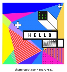 Trendy vector summer cards illustration with line elements and abstract colorful textures. Design for poster, card, invitation, brochure, and promotion template. Fashion art print and background.