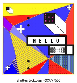 Trendy vector summer cards illustration with line elements and abstract colorful textures. Design for poster, card, invitation, brochure, and promotion template. Fashion art print and background.