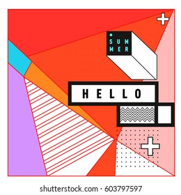 Trendy vector summer cards illustration with line elements and abstract colorful textures. Design for poster, card, invitation, brochure, and promotion template. Fashion art print and background.