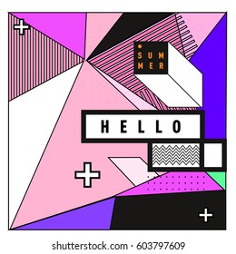 Trendy vector summer cards illustration with line elements and abstract colorful textures. Design for poster, card, invitation, brochure, and promotion template. Fashion art print and background.