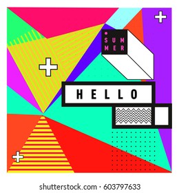 Trendy vector summer cards illustration with line elements and abstract colorful textures. Design for poster, card, invitation, brochure, and promotion template. Fashion art print and background.
