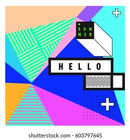 Trendy vector summer cards illustration with line elements and abstract colorful textures. Design for poster, card, invitation, brochure, and promotion template. Fashion art print and background.
