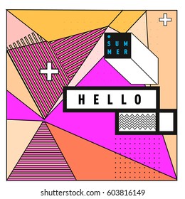 Trendy vector summer cards illustration with line elements and abstract colorful textures. Design for poster, card, invitation, brochure, and promotion template. Fashion art print and background.