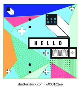 Trendy vector summer cards illustration with line elements and abstract colorful textures. Design for poster, card, invitation, brochure, and promotion template. Fashion art print and background.
