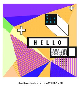 Trendy vector summer cards illustration with line elements and abstract colorful textures. Design for poster, card, invitation, brochure, and promotion template. Fashion art print and background.