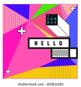 Trendy vector summer cards illustration with line elements and abstract colorful textures. Design for poster, card, invitation, brochure, and promotion template. Fashion art print and background.