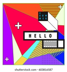 Trendy vector summer cards illustration with line elements and abstract colorful textures. Design for poster, card, invitation, brochure, and promotion template. Fashion art print and background.