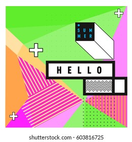 Trendy vector summer cards illustration with line elements and abstract colorful textures. Design for poster, card, invitation, brochure, and promotion template. Fashion art print and background.