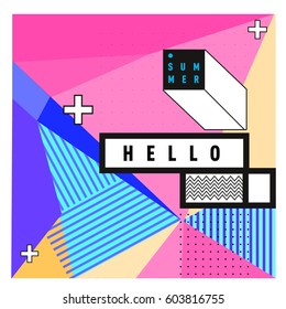 Trendy vector summer cards illustration with line elements and abstract colorful textures. Design for poster, card, invitation, brochure, and promotion template. Fashion art print and background.