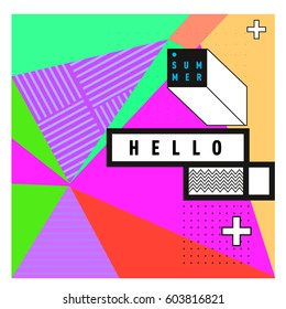 Trendy vector summer cards illustration with line elements and abstract colorful textures. Design for poster, card, invitation, brochure, and promotion template. Fashion art print and background.
