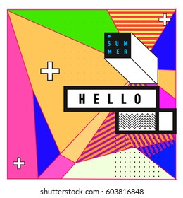 Trendy vector summer cards illustration with line elements and abstract colorful textures. Design for poster, card, invitation, brochure, and promotion template. Fashion art print and background.