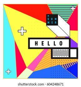 Trendy vector summer cards illustration with line elements and abstract colorful textures. Design for poster, card, invitation, brochure, and promotion template. Fashion art print and background.