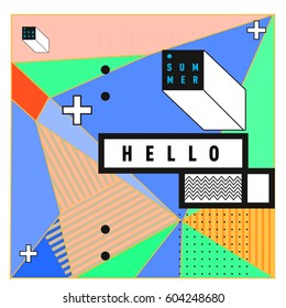 Trendy vector summer cards illustration with line elements and abstract colorful textures. Design for poster, card, invitation, brochure, and promotion template. Fashion art print and background.