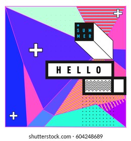 Trendy vector summer cards illustration with line elements and abstract colorful textures. Design for poster, card, invitation, brochure, and promotion template. Fashion art print and background.