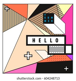Trendy vector summer cards illustration with line elements and abstract colorful textures. Design for poster, card, invitation, brochure, and promotion template. Fashion art print and background.