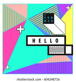 Trendy vector summer cards illustration with line elements and abstract colorful textures. Design for poster, card, invitation, brochure, and promotion template. Fashion art print and background.