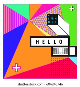 Trendy vector summer cards illustration with line elements and abstract colorful textures. Design for poster, card, invitation, brochure, and promotion template. Fashion art print and background.