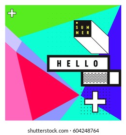 Trendy vector summer cards illustration with line elements and abstract colorful textures. Design for poster, card, invitation, brochure, and promotion template. Fashion art print and background.