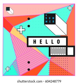 Trendy vector summer cards illustration with line elements and abstract colorful textures. Design for poster, card, invitation, brochure, and promotion template. Fashion art print and background.
