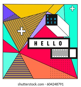 Trendy vector summer cards illustration with line elements and abstract colorful textures. Design for poster, card, invitation, brochure, and promotion template. Fashion art print and background.