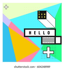 Trendy vector summer cards illustration with line elements and abstract colorful textures. Design for poster, card, invitation, brochure, and promotion template. Fashion art print and background.