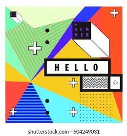 Trendy vector summer cards illustration with line elements and abstract colorful textures. Design for poster, card, invitation, brochure, and promotion template. Fashion art print and background.