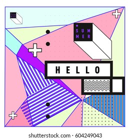 Trendy vector summer cards illustration with line elements and abstract colorful textures. Design for poster, card, invitation, brochure, and promotion template. Fashion art print and background.