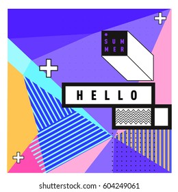 Trendy vector summer cards illustration with line elements and abstract colorful textures. Design for poster, card, invitation, brochure, and promotion template. Fashion art print and background.