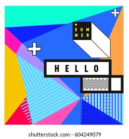 Trendy vector summer cards illustration with line elements and abstract colorful textures. Design for poster, card, invitation, brochure, and promotion template. Fashion art print and background.